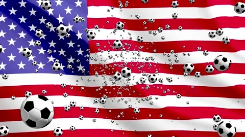 USA Flag Waving Background with Spinning Soccer Balls Loop Stock Footage 335385374