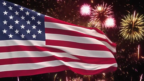 USA Flag Waving with Fireworks Background 库存影片 338038939