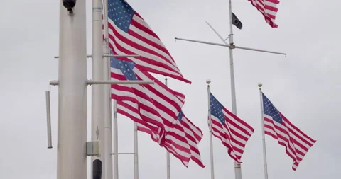 USA flags blowing in wind in slow motion Stock Footage 135429125