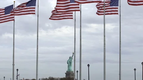 USA flags flying in the wind, Statue of liberty in the background Stock Footage 196136246