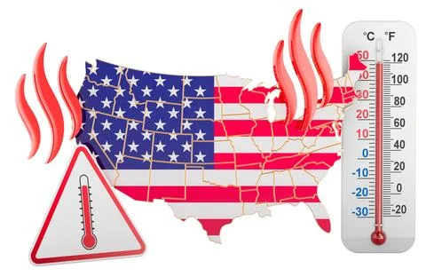 USA heatwave map with thermometer and warning sign. 3D rendering Stock Illustration