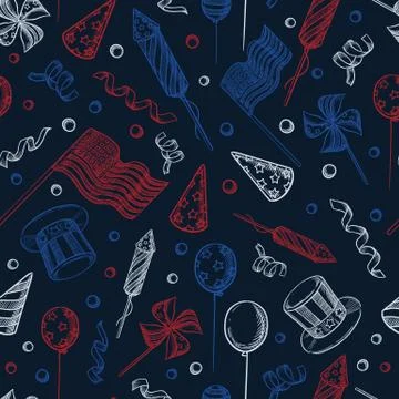 USA holiday seamless pattern. Vector sketch illustration. Blue navy backgroun Stock Illustration