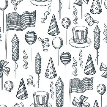 USA holiday seamless pattern. Vector sketch illustration. Black white backgro Stock Illustration