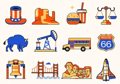 USA Icons and Design Elements in Line Art Stock Illustration