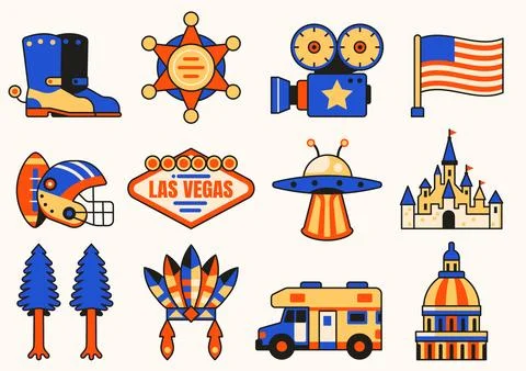 USA Icons and Design Elements in Line Art Stock Illustration