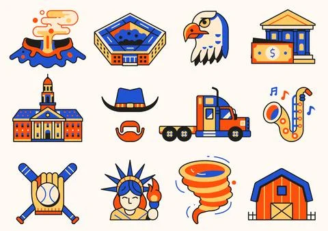 USA Icons and Design Elements in Line Art Stock Illustration