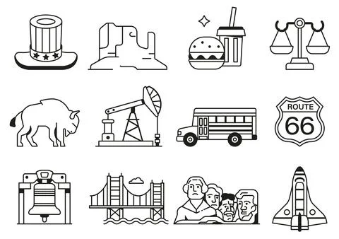 USA Icons and Design Elements in Line Art Stock Illustration