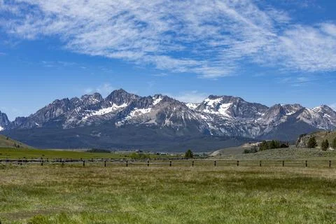 USA, Idaho, Stanley, Landscape with pastures and Sawtooth Mountains Stock Photos