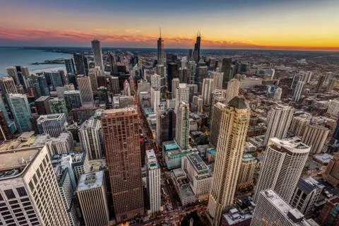USA, Illinois, Chicago, Elevated view of downtown skyscrapers Stock Photos