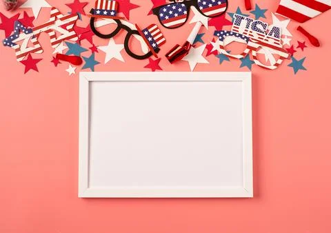 USA independence day party elements top view flat lay on pink with frame fo.. Stock Photos