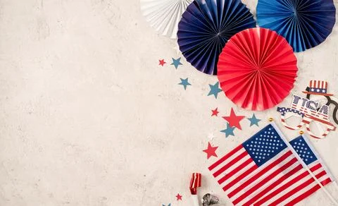 USA independence day party elements top view flat lay on marble background Stock Photos
