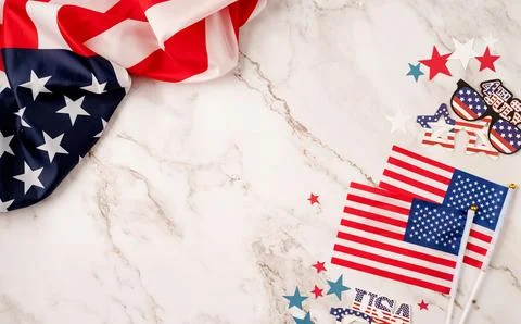USA independence day party elements top view flat lay on marble background Stock Photos