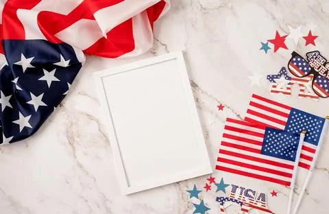 USA independence day party elements top view flat lay on marble background Stock Photos