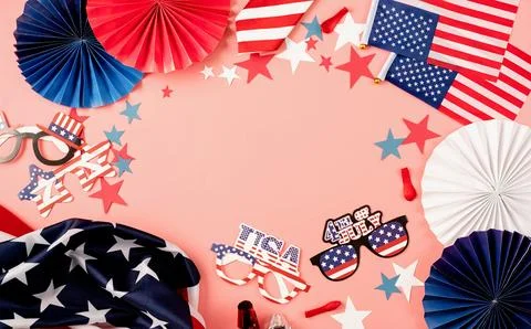 USA independence day party elements top view flat lay on pink Stock Photos