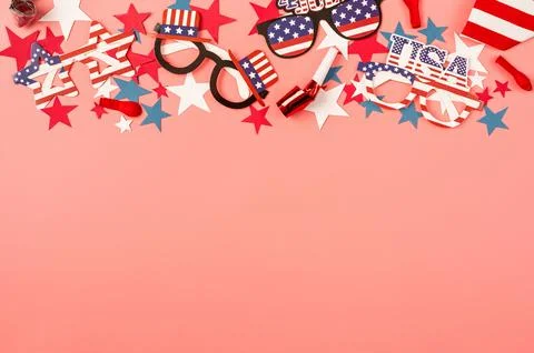 USA independence day party elements top view flat lay on pink Stock Photos