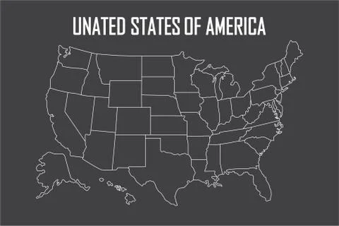 USA linear map with state boundaries. Blank white contour isolated on black Stock Illustration
