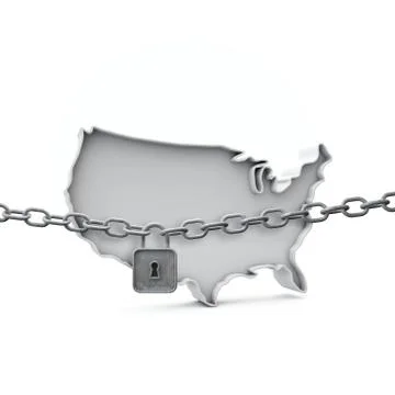 USA lockdown concept. Map with lock and chain. 3D Render Stock Illustration