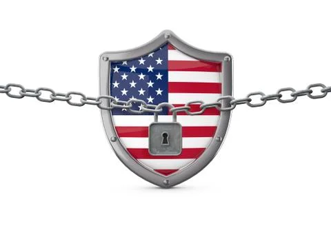 USA lockdown concept. Shield with lock and chain. 3D Render 스톡 일러스트