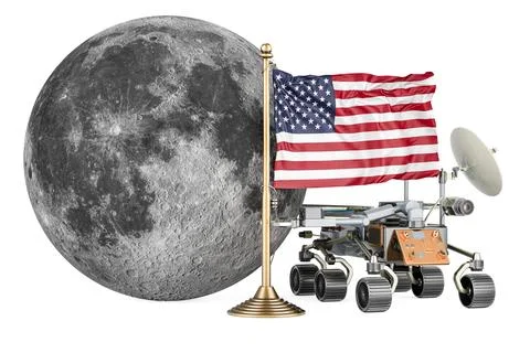 The USA Lunar Exploration Program. Planetary rover with Moon and the United.. Stock Illustration