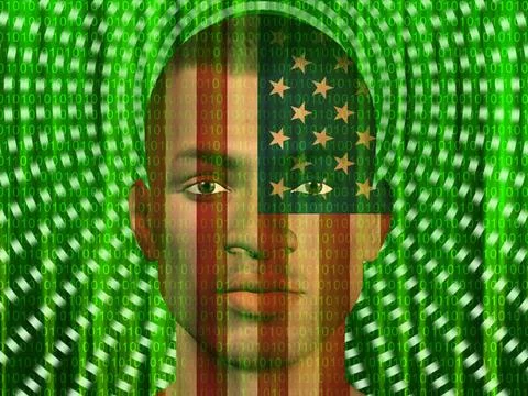 USA Man with Streaming binary USA Man with streaming binary code Copyright... Foto stock