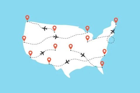 USA map with airplane flight paths on a blue background Stock Illustration