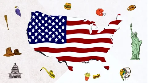 USA Map and Flag Motion Graphic with Cultural Symbols Video stock 319388599