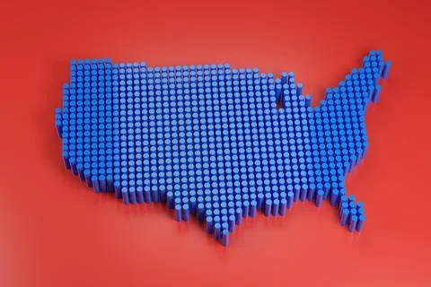 USA map with blue columns on red background. 3d illustration. Stock Photos