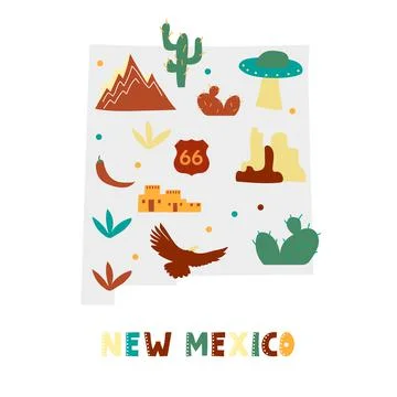 USA map collection. State symbols on gray state silhouette - New Mexico Stock Illustration