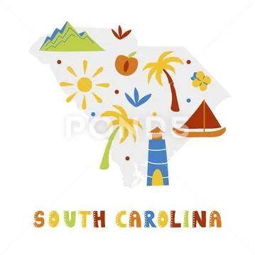 USA map collection. State symbols on gray state silhouette - South ...