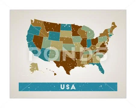 USA map. Country poster with regions. Old grunge texture. Shape of USA ...