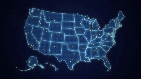 Usa map digital hud dot matrix glowing city nodes pulsing seamless loop 스톡 동영상 346043684