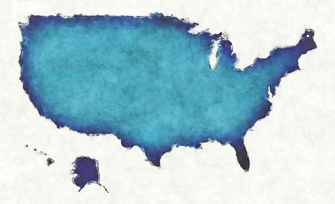 USA map with drawn lines and blue watercolor illustration Stock-Illustration