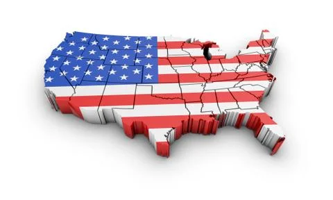 USA map with flag and shadow on white background. 3D rendering. Stock Illustration