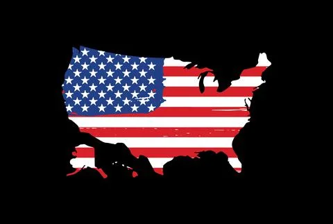 USA  map with flag texture on  flat black  background, Symbols of USA ,templa Stock Illustration