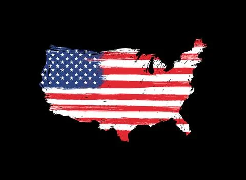 USA  map with flag texture on  flat black  background, Symbols of USA ,templa Stock Illustration