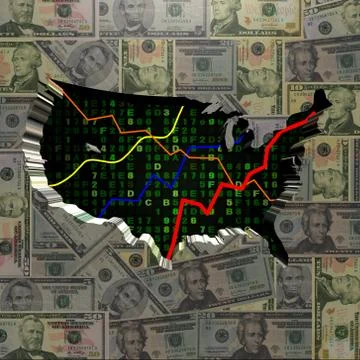 Usa map with hex code and graphs on dollars illustration Stock Illustration