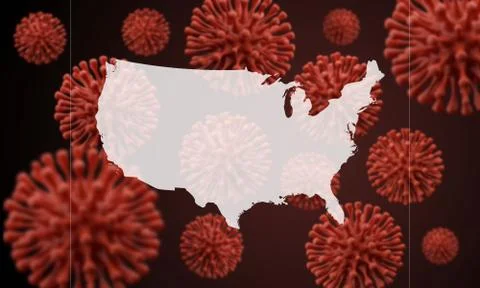 USA map over a scientific virus microbe background. 3D Rendering Ilustração Stock