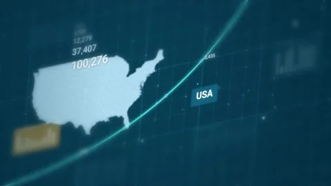 USA map with a rising growth line data points and figures on a teal blue Vídeo Stock 344660914