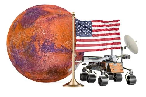 The USA Mars Exploration Program. Planetary rover with Mars and American fl.. Stock-Illustration