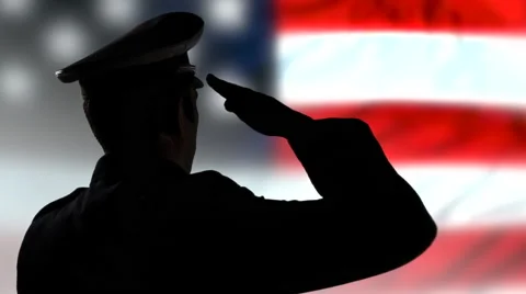 USA Military Officer Salute, Solder Silhouette and American Flag Stock Footage
