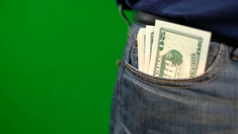 USA Money in Jeans Pocket against Green Screen. Stock Footage
