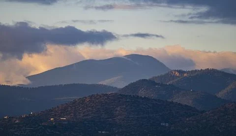 Usa, New Mexico, Santa Fe, Foothills of Sangre de Cristo Mountains at sunset Stock Photos