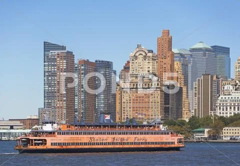 USA, New York City, Manhattan, Battery Park skyline with ferry Stock Photos