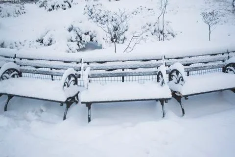 USA, New York City, Manhattan, Benches in Central Park covered with snow Stock Photos