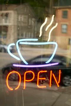 USA, New York State, Neon sign in cafe window Stock Photos