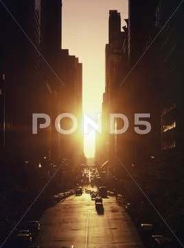 Usa, nyc, 42nd street with, sunset Stock Photos