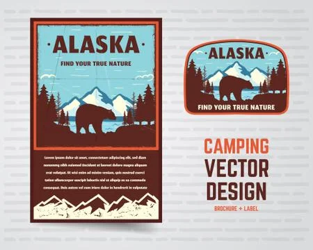 USA poster and badge. Alaska with mountains, bear and forest landscape. Vintage Stock Illustration