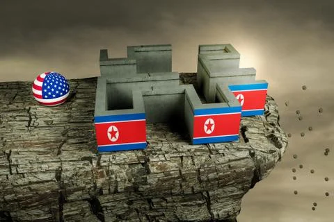 USA in a shape of ball standing in front of the entrance to the North Korea Stock Illustration