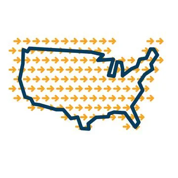USA simple outline map with yellow direction guide arrows. Ilustração Stock