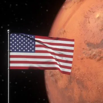 USA space program concept 3d illustration. United states Flag on Mars planet Stock Illustration